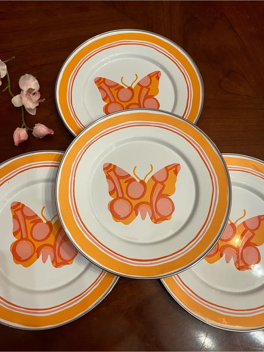 Rare VTG Golden Rabbit Enamelware Butterfly Plates Michal Sparks 4-Set Retro